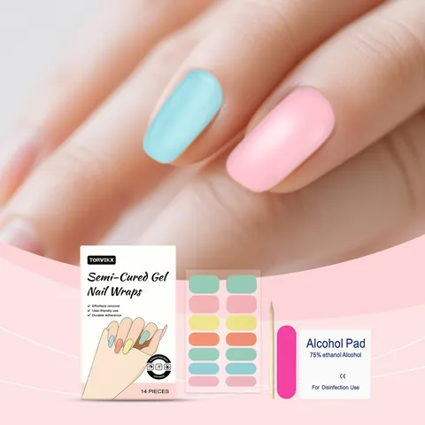 TORVIKX Dopamine Nail Stickers Set 14 Pieces Semi-Cured Gel Nail Wraps Solid Macaron Color DIY Nail Art Decoration With Pad