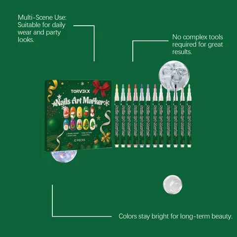 TORVIKX 12 Colores Navidad DIY Bolígrafos de Nail Art a Base de Agua Secado Rápido Bolígrafos de Pintura de Uñas Para Mujer