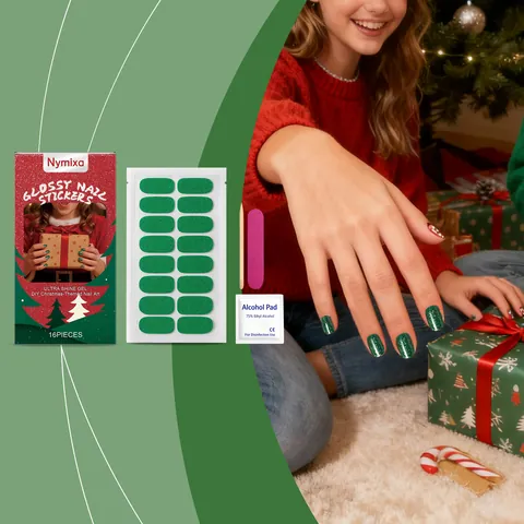 Nymixa Christmas Soft Gel Nail Stickers Set DIY Green Glitter Shiny Festive Nail Art Wraps For Holiday Decoration Kit