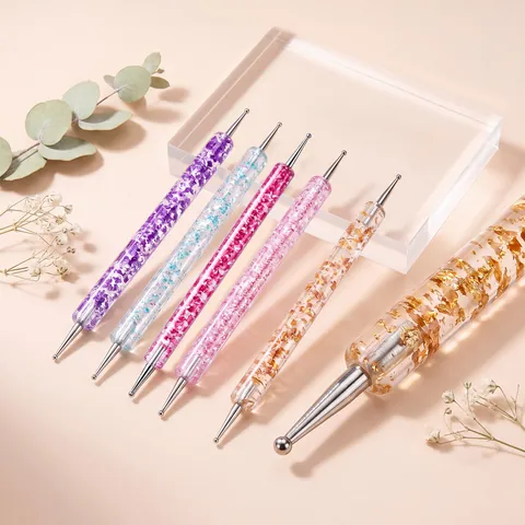 5Pcs Nail Art Dotting Tool Set Dual-Ended Rhinestone Picker Acrylic Handle Glitter Filled Professional Manicure Tools