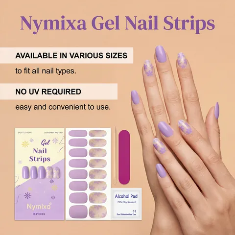 Nymixa Soft Gel Nail Sticker Set Purple Lavender Floral Daisy Design 3D Glossy DIY Manicure Kit With File Wood Stick Pad