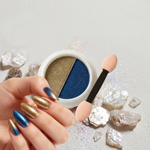 Vast Tweekleurig Spiegel Nagelpoeder Metaalglans Chroom Nagelkunst Decoratie Met Dubbelzijdige Sponsborstel Voor Manicure DIY