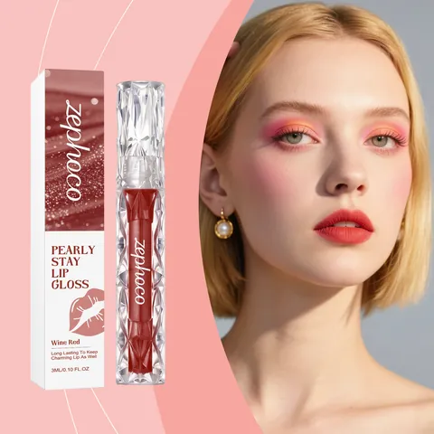 Zephoco Pearly Stay Lip Gloss Wine Red Shiny Long Lasting Moisturizing Liquid Lipstick Natural Makeup For Women