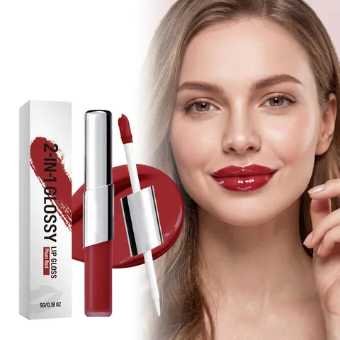 2-In-1 Plum Red Glossy Lip Gloss Long Wearing Nourishing Shiny Liquid Lipstick Dual End Lip Makeup For Women Daily Office Use