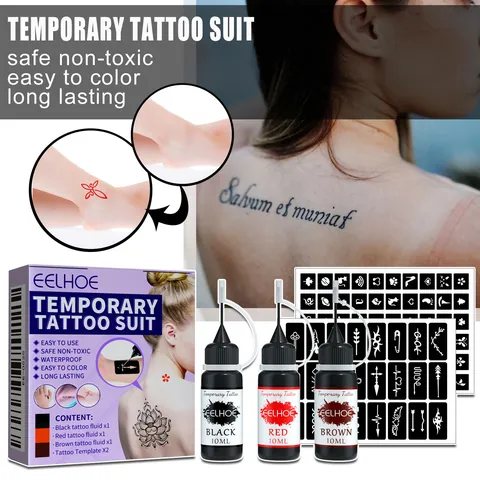 EELHOE Waterproof Temporary Tattoo Juice Ink Set Semi-Permanent Body Art Liquid With Hollow Stencils For Men Women