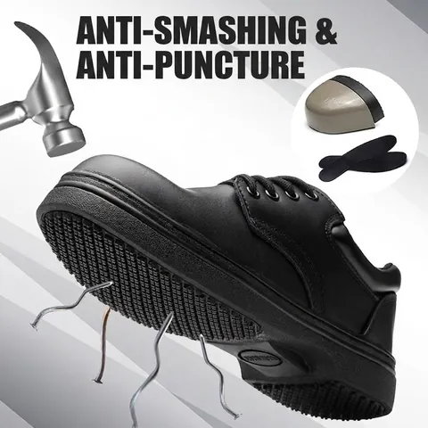 Men's Chef Shoes Anti-Slip Waterproof Oil-Proof Genuine Cowhide Steel Toe Safety Shoes Work Boots For Kitchen Restaurant