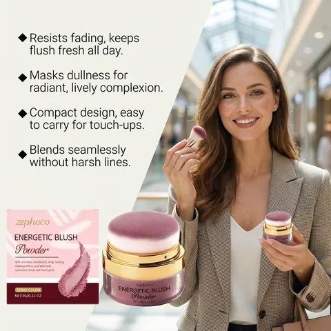 Zephoco Energetic Blush Powder With Built-in Puff Long Lasting Face Brightening Nude Makeup Blush For Women Daily Beauty
