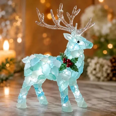 Decorazione Natalizia in Stile Vetro Marino Luminoso Resina LED Babbo Natale Pupazzo di Neve Renna Albero Ornamento per Festa Casa
