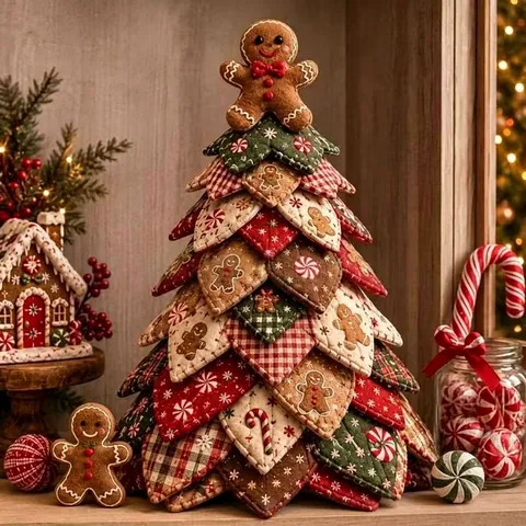DIY Quilted Fabric Christmas Tree Kit Handmade Patchwork Holiday Tree Desktop Decor Gingerbread Snowman Theme Ornament