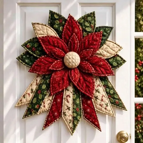 Quilted Christmas Door Hanging Ornament Poinsettia Patchwork Wreath American Country Style Festive Holiday Wall Decoration