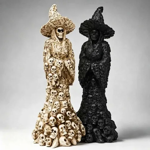 Skull Witch Resin Figurine Dark Gothic Style Halloween Desktop Ornament Outdoor Garden Party Decoration Skeleton Witch Statue