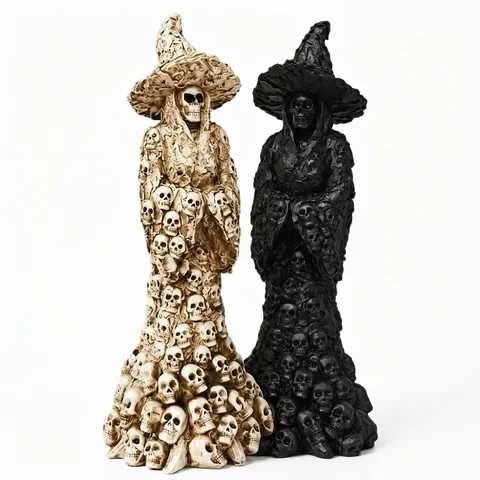 Skull Witch Resin Figurine Dark Gothic Style Halloween Desktop Ornament Outdoor Garden Party Decoration Skeleton Witch Statue