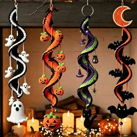 Kit de Crochet à la Main Spirale Halloween 4Pcs Ornements Suspendus en Fil Fantôme Citrouille Chauve-souris Chat de Sorcière Décor