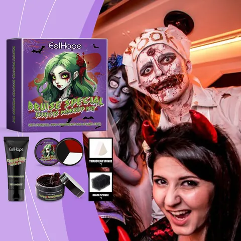Kit de Maquillage de Vampire d'Halloween Gel de Sang Coagulé Pommade de Sang Ensemble de Peinture Faciale Trois Couleurs Avec Éponges