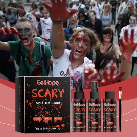 Realistic Halloween Fake Blood Set Special Effects Makeup Splatter Blood Spray Drops Liquid Horror Zombie Cosplay With Brush