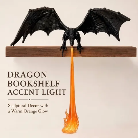 Adornos de Rincón del Libro con Llama de Dragón Impresos en 3D Decoración de Estantería de Halloween Lámpara de Dragón