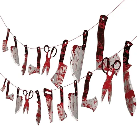 Halloween Party Decorations Bloody Weapon Banner Horror Cardboard Tools Garland Scary Saws Scissors For Haunted House Party Props