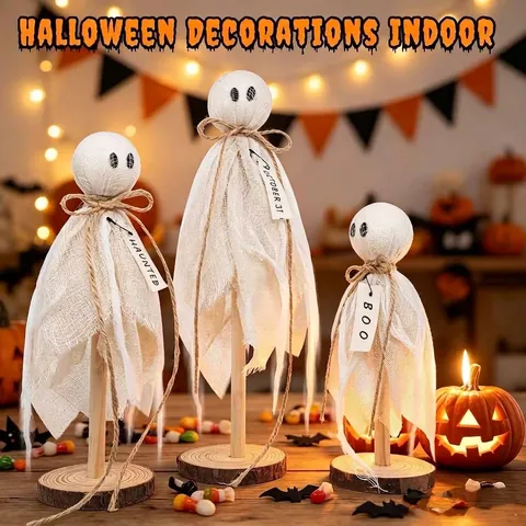 Halloween Geest Decoratie Witte Katoenen Stof Geesten Met Houten Basis Boo Haunted Halloween Ornament Set Voor Thuis