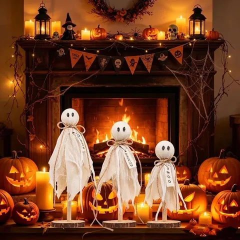 Halloween Geest Decoratie Witte Katoenen Stof Geesten Met Houten Basis Boo Haunted Halloween Ornament Set Voor Thuis