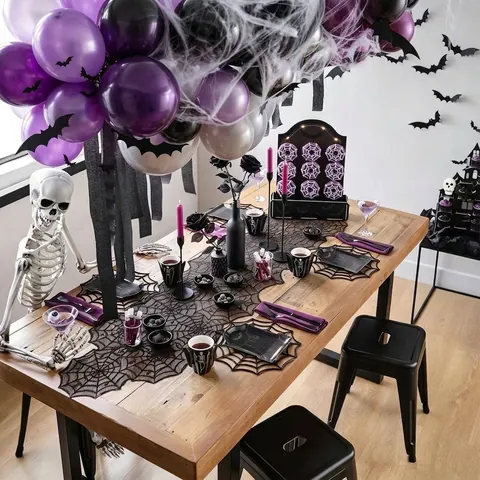 Chemin de Table Halloween Toile d'Araignée Noir Dentelle Gothique Nappe Décor pour Fête Effrayante Maison Salle à Manger