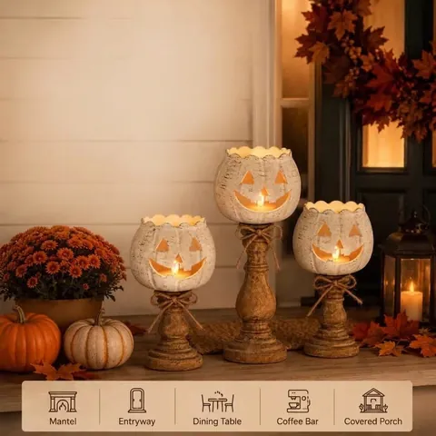 Vintage Weiß Kürbis Kerzenhalter Set Retro Distressed Kunstharz Jack-o-lantern Kerzenständer Für Halloween Home Tisch Deko Party