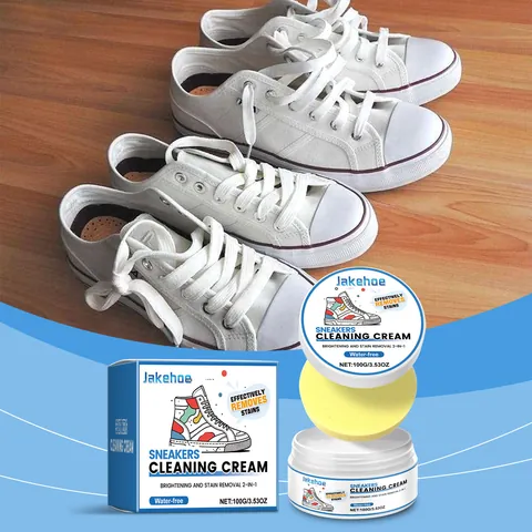 Jakehoe White Shoe Cleaning Cream Kit Portable Whitening Stain Remover Paste With Sponge For Sneakers Leather Canvas Shoes