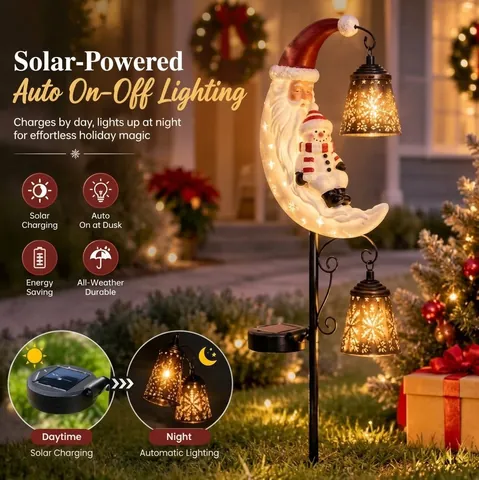 Solar Christmas Moon Stake Light Outdoor Garden Decor Resin Santa Snowman Waterproof Path Lamp With Hollow Bells