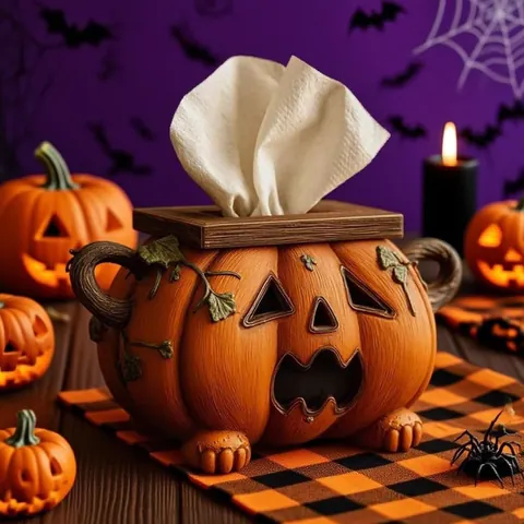 Halloween Pumpkin Tissue Box Resin Jack-O-Lantern Paper Towel Holder Creative Festive Tabletop Decoration For Home Party Decor