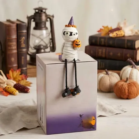 Halloween Spooky Figurines Resin Dangling Legs Mummy Ghost Black Cat Statue With Pumpkin Skull Home Fireplace Shelf Table Decor