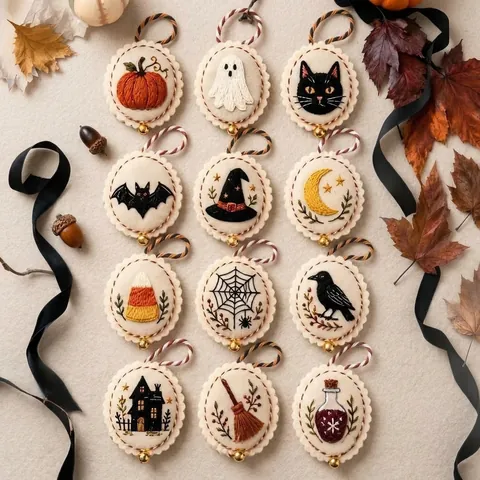 Kit d'Ornements en Tissu Brodé DIY Halloween Décoration de Fête à la Maison Motif Citrouille Fantôme Chauve-souris