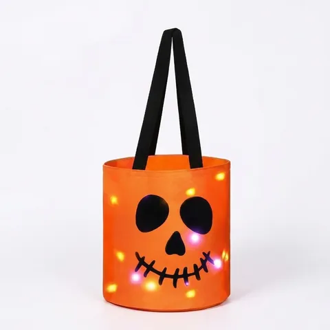 Halloween LED Light Up Candy Bucket Resin Pumpkin Skull Cat Pattern Portable Trick Or Treat Bag Party Decoration Ornament