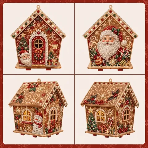 Plymagic DIY Pearl Art Christmas Collection Wooden House Kit Handmade Rhinestone Artificial Pearl Holiday Desktop Ornament