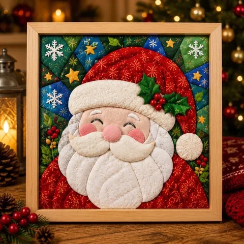 Christmas Fabric Art Painting Wooden Frame Patchwork Quilting Wall Hanging Santa Snowman Reindeer Christmas Tree Decor Gift