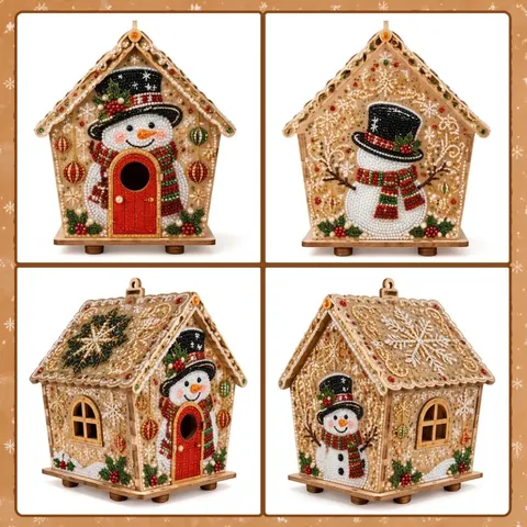 Plymagic DIY Pearl Art Christmas Collection Wooden House Kit Handmade Rhinestone Artificial Pearl Holiday Desktop Ornament