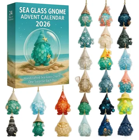 Calendario dell'Avvento Gnomo in Vetro di Mare 2026 Calendario per il Conto alla Rovescia di Natale Con Ventiquattro Ciondoli