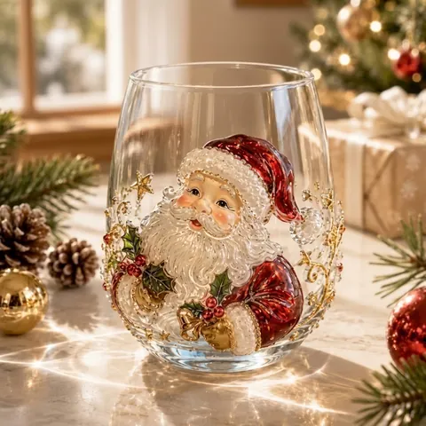 Copa de Vidrio Artística de Navidad Hecha a Mano Relieve 3D Pintada Papá Noel Reno Copa de Vino Cristalería Artística en Forma de Huevo Regalo