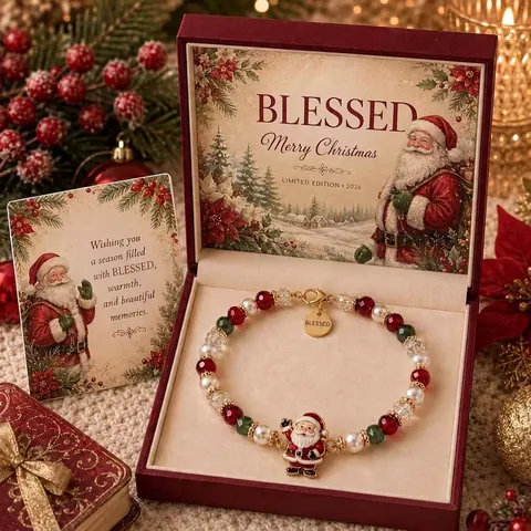 Christmas Blessing Beaded Bracelet Gift With Greeting Card Santa Claus Snowman Gingerbread Man Alloy Artificial Pearl Jewelry