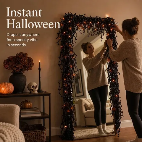 Halloween Black Cedar Vine Garland With Orange LED Lights Artificial Pine Rattan For Fireplace Mantel Hotel Party Decoration