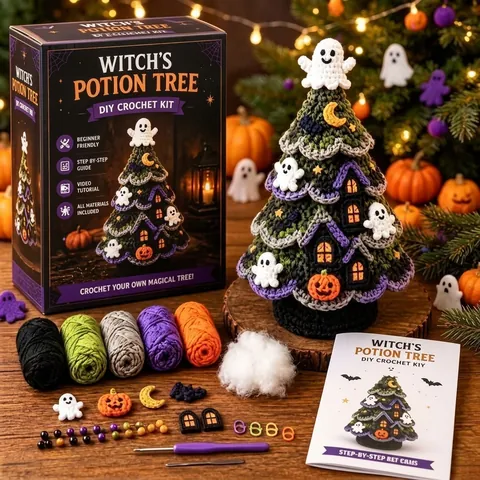 Kit de Crochet DIY d'Halloween pour Débutants Ensemble de Tricot Arbre à Potion Sorcière Citrouille Chat Cadeau Artisanal