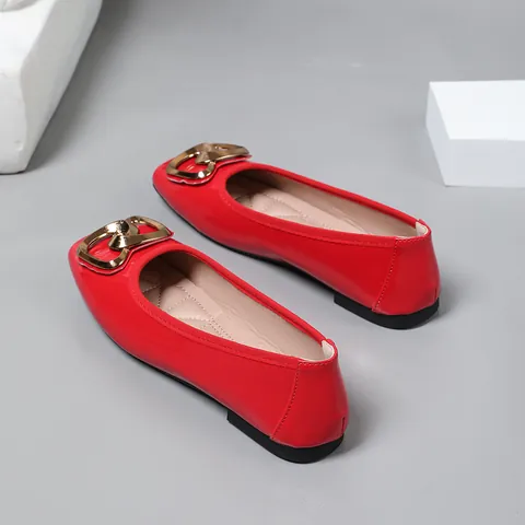 Women Patent Leather Ballet Flats Square Toe Soft Sole Loafers with Gold Metal Buckle Versatile Shallow Mouth Flat Shoes