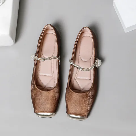 Französischer Stil Quadratische Zehe Mary Jane Flache Schuhe Für Damen Mit Künstliche Perle Metallschnalle Weiche Ballettflachs