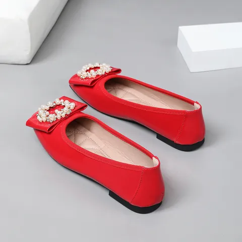 Women Patent Leather Ballet Flats Pearl Rhinestone Square Buckle Shoes Shallow Mouth Low Heel Soft Sole Elegant Loafers