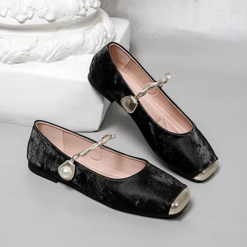Französischer Stil Quadratische Zehe Mary Jane Flache Schuhe Für Damen Mit Künstliche Perle Metallschnalle Weiche Ballettflachs