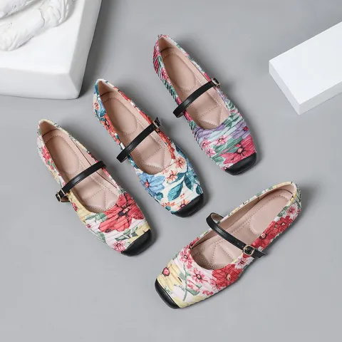 French Vintage Floral Satin Mary Jane Flats Square Toe Buckle Ballet Shoes For Women Retro Printed Shallow Slip-On Shoes
