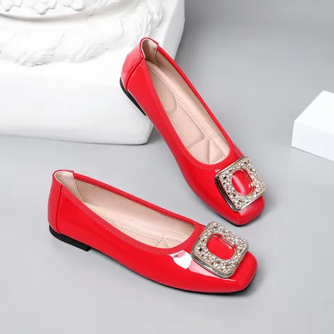 Women Square Toe Patent Leather Flat Shoes Rhinestone Buckle Loafers Elegant Soft Sole Ballet Flats Daily Dress Shoes