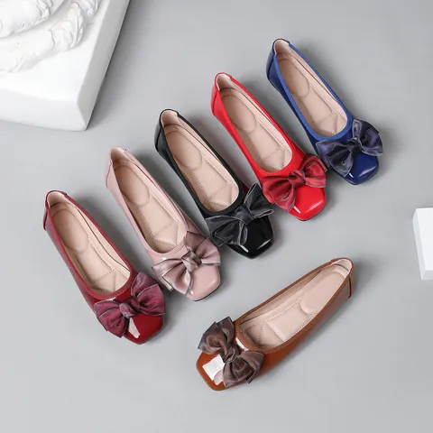 Damen Ballett Flache Schuhe Lackleder Eckige Zehe Schleife Schlupfschuhe Casual Bequeme Flache Schuhe für Frauen