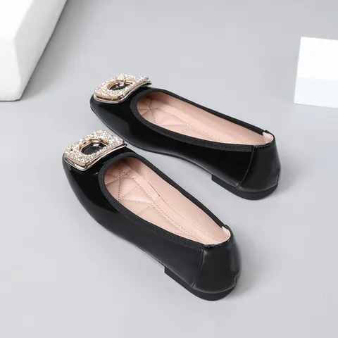 Women Square Toe Patent Leather Flat Shoes Rhinestone Buckle Loafers Elegant Soft Sole Ballet Flats Daily Dress Shoes