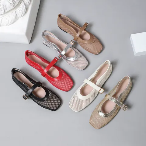 French Vintage Mary Jane Shoes Women Hollow Out Mesh Ballet Flats Breathable Square Toe Soft Sole Buckle Flat Shoes