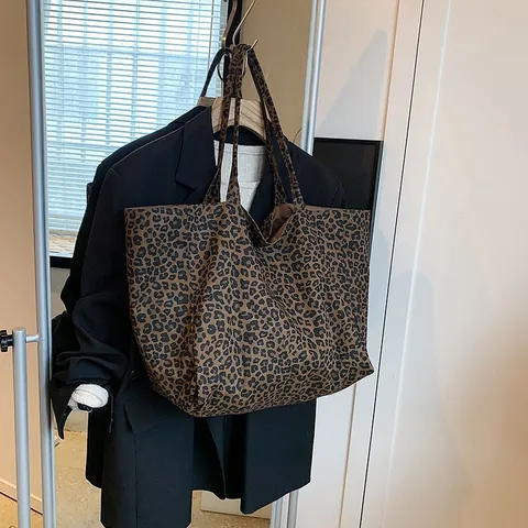 Korean Style Leopard Canvas Tote Bag For Women Large Capacity Casual Commuter Shoulder Bag Fashion Handbag