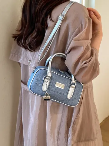 Women's Denim Texture PU Boston Bag Retro Bowling Style Shoulder Crossbody Bag With Metal Lock Decoration For Commuting Daily